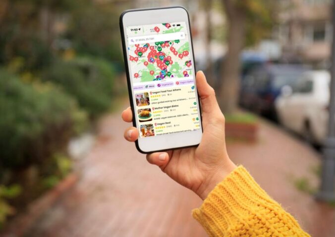 Photo shows someone's hand as they hold up a smartphone with the HappyCow app open on it. The platform recently named Asante, Barcelona, as the best vegan restaurant of 2025