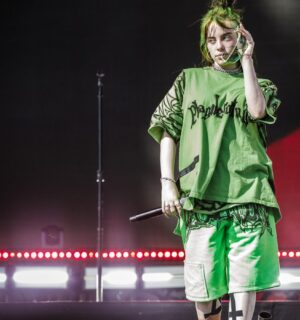 Photo shows Billie Eilish performing onstage at Leeds Festival in the UK on August 25, 2019