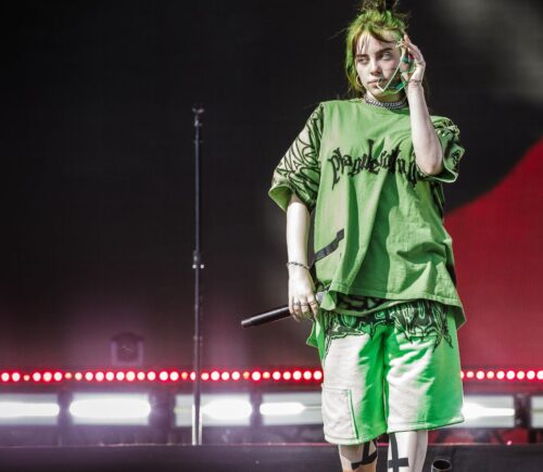 Photo shows Billie Eilish performing onstage at Leeds Festival in the UK on August 25, 2019
