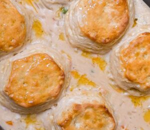 biscuit vegan chicken pot pie with Pillsbury jumbo biscuits, vegan chick'n and veggies