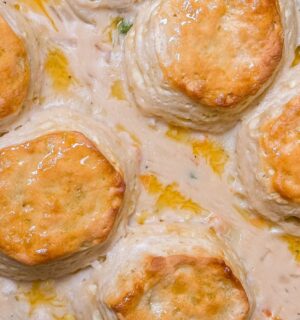 biscuit vegan chicken pot pie with Pillsbury jumbo biscuits, vegan chick'n and veggies