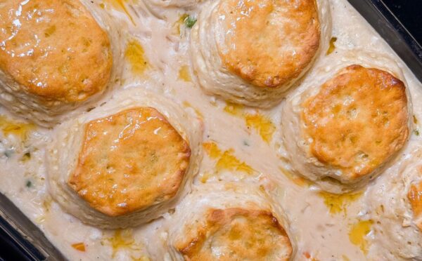 biscuit vegan chicken pot pie with Pillsbury jumbo biscuits, vegan chick'n and veggies