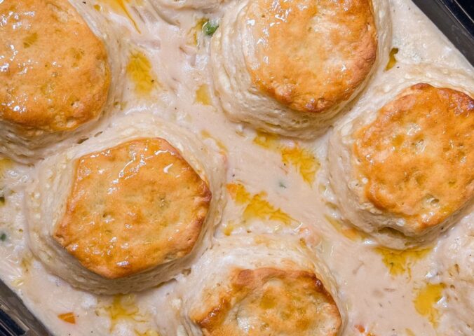 biscuit vegan chicken pot pie with Pillsbury jumbo biscuits, vegan chick'n and veggies