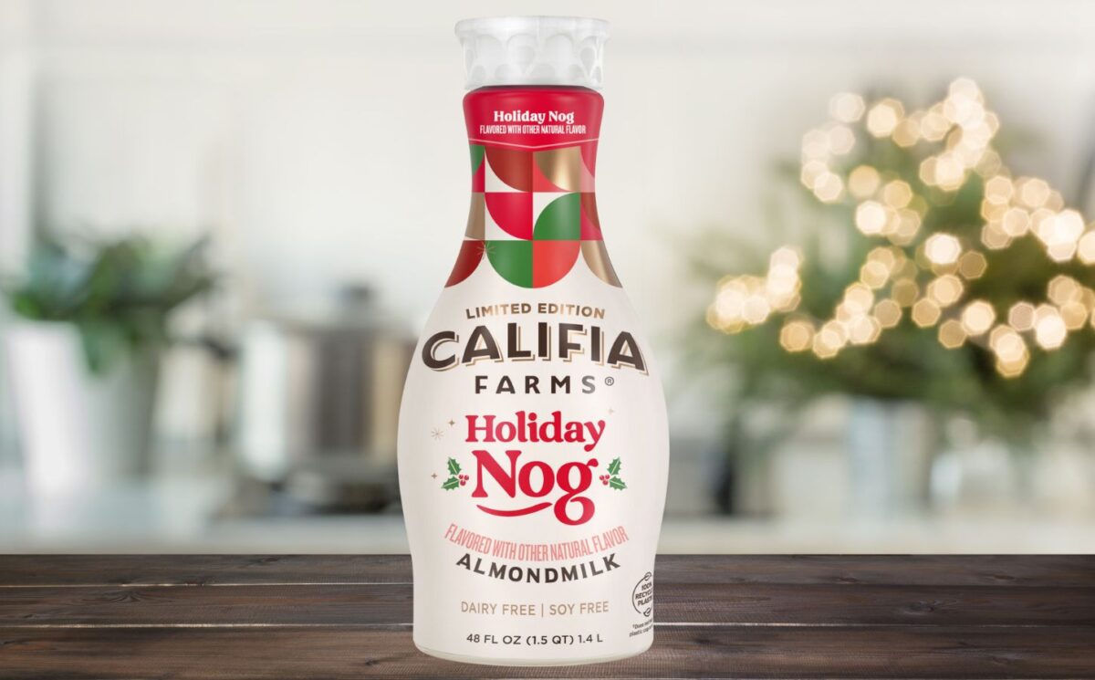 Photo shows the Califia Farms "Holiday Nog," a vegan take on eggnog without animal ingredients or alcohol, against a festive, Christmas backgroun