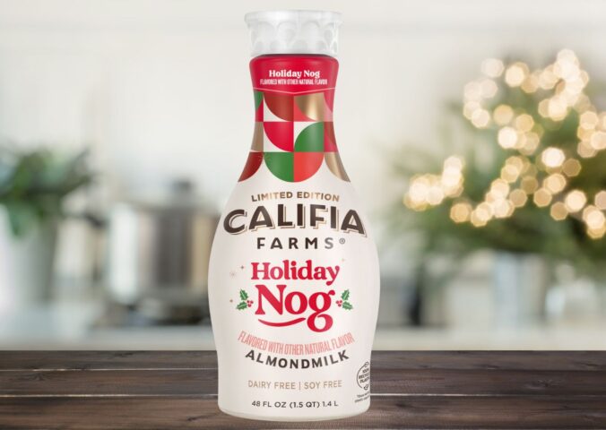 Photo shows the Califia Farms "Holiday Nog," a vegan take on eggnog without animal ingredients or alcohol, against a festive, Christmas backgroun