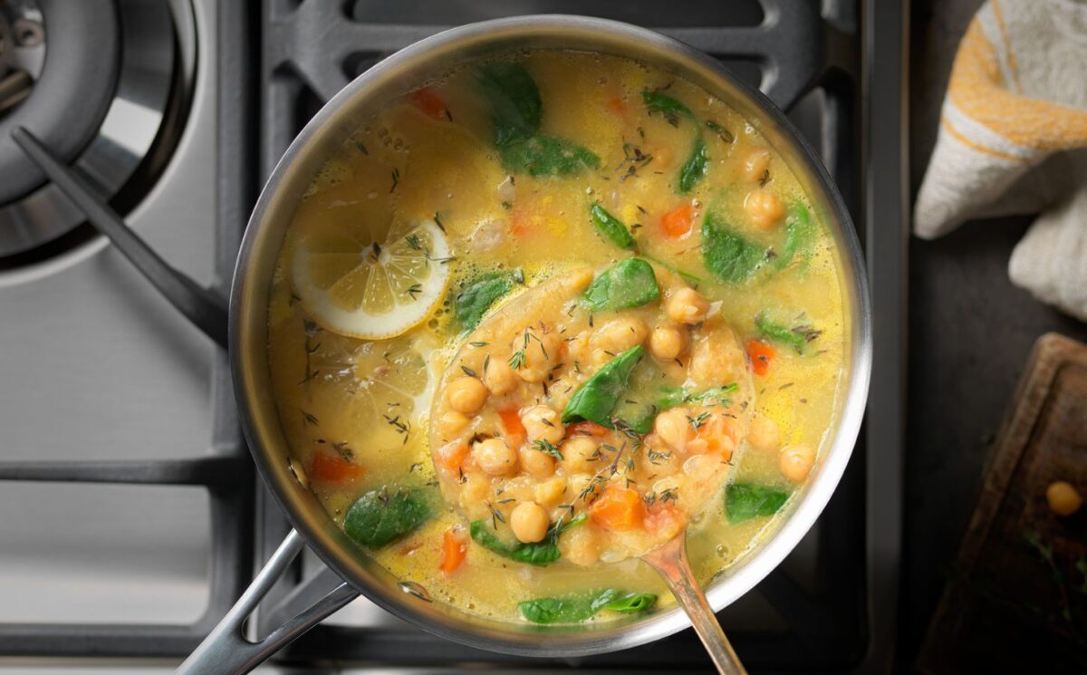 a pot of chickpea and vegetable soup