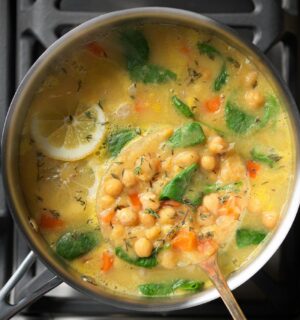 a pot of chickpea and vegetable soup