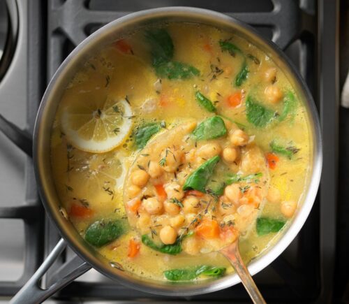 a pot of chickpea and vegetable soup
