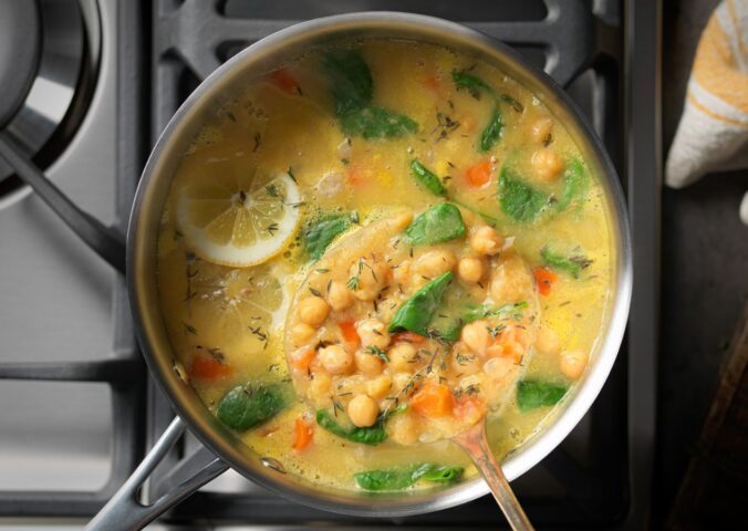 a pot of chickpea and vegetable soup
