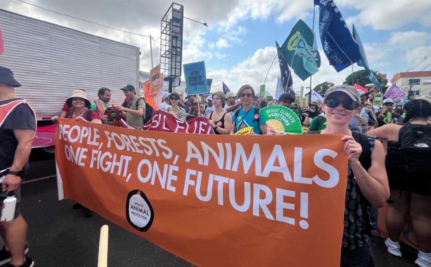 Photo shows World Animal Protection and other activists demonstrating in the COP30 People's March in November