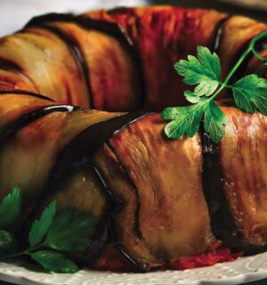 a timbalo made with eggplant and tomato rice bake and vegan mozzarella for gluten-free holiday recipes