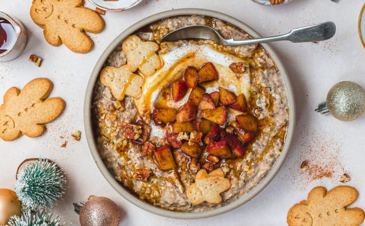 gingerbread quick soak overnight oats with apple, chia seeds, hemp seeds, and flax
