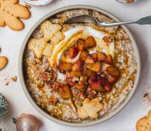 gingerbread quick soak overnight oats with apple, chia seeds, hemp seeds, and flax