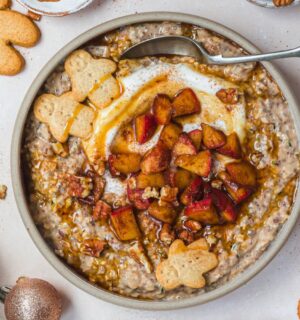 gingerbread quick soak overnight oats with apple, chia seeds, hemp seeds, and flax