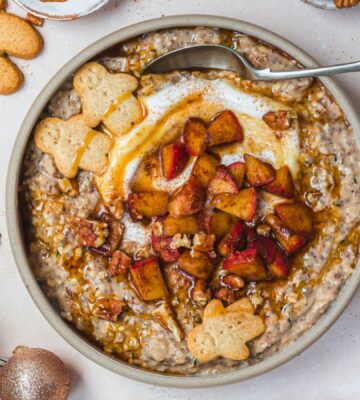 gingerbread quick soak overnight oats with apple, chia seeds, hemp seeds, and flax