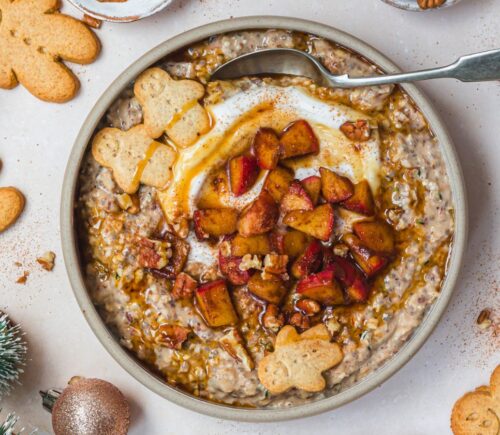 gingerbread quick soak overnight oats with apple, chia seeds, hemp seeds, and flax