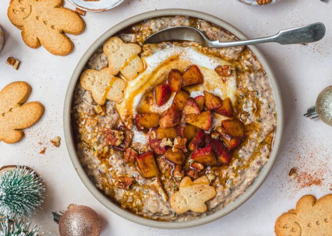 gingerbread quick soak overnight oats with apple, chia seeds, hemp seeds, and flax