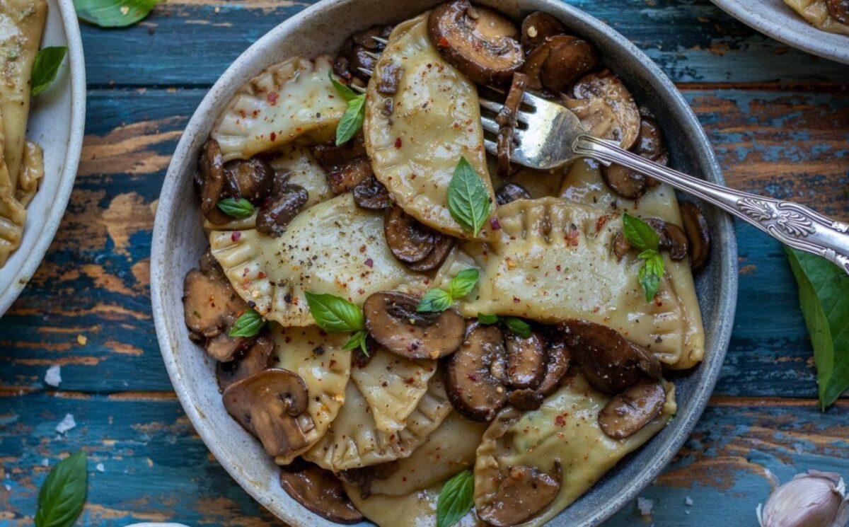 tofu ricotta ravioli with a creamy mushroom sauce for high-protein pasta dishes