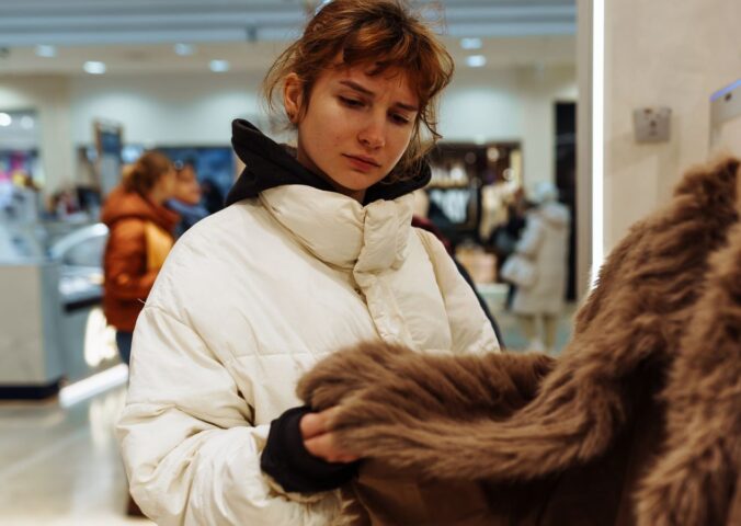 Photo shows a young woman looking at a fur coat in a department store. Rick Owens just became the latest luxury fashion brand to implement a fur ban