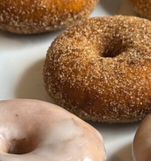 mini sweet potato donuts with orange sweet potato, and icing or cinnamon sugar
