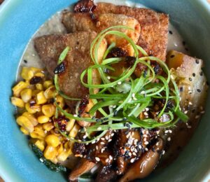 plant-based miso tofu bowl with tofu, mushrooms, corn, spring onion and more