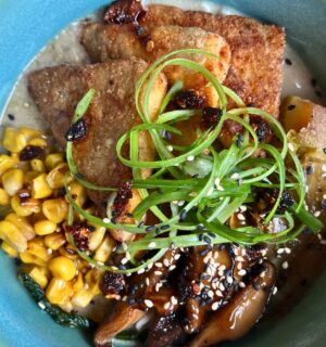 plant-based miso tofu bowl with tofu, mushrooms, corn, spring onion and more