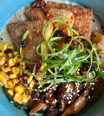plant-based miso tofu bowl with tofu, mushrooms, corn, spring onion and more