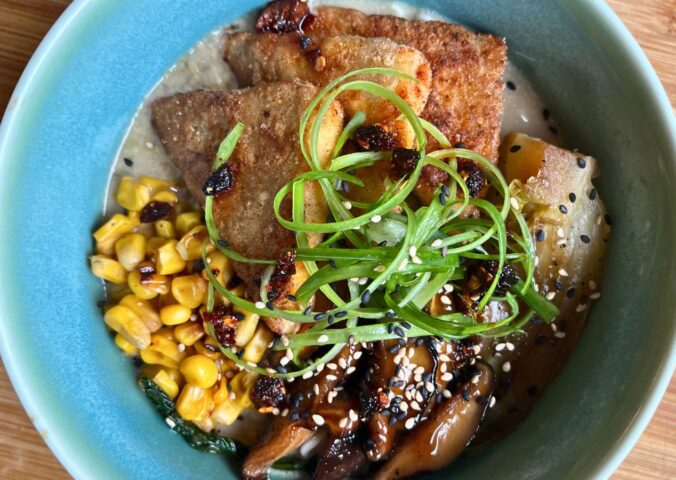 plant-based miso tofu bowl with tofu, mushrooms, corn, spring onion and more