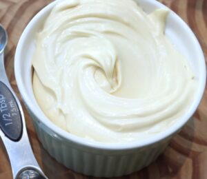 a close up of the homemade vegan butter with annatto