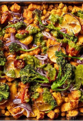 Photo shows a chickpea traybake made with a recipe from Romy London, which was one of the most-read stories of the year