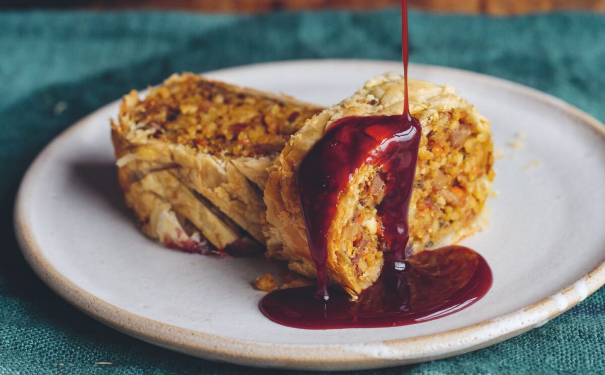 mushroom and pumpkin wellington with almonds and a redcurrant jus for vegan Christmas continued