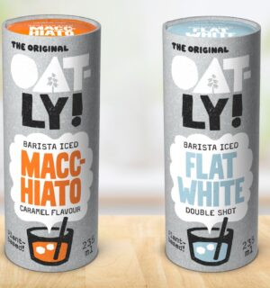 Photo shows the two new Oatly iced coffee drinks, the caramel-flavored Barista Iced Macchiato (left) and Barista Iced Flat White (right)
