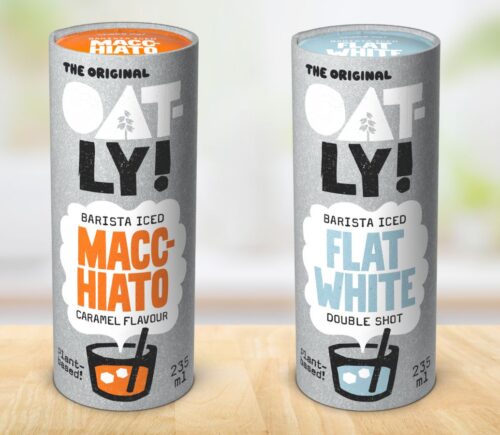 Photo shows the two new Oatly iced coffee drinks, the caramel-flavored Barista Iced Macchiato (left) and Barista Iced Flat White (right)