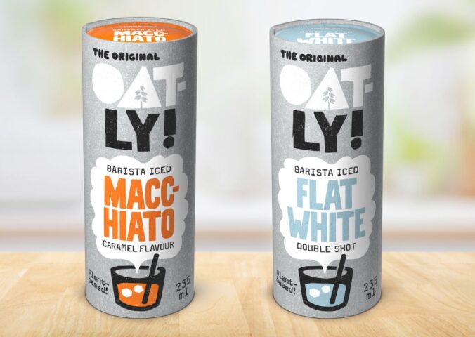 Photo shows the two new Oatly iced coffee drinks, the caramel-flavored Barista Iced Macchiato (left) and Barista Iced Flat White (right)