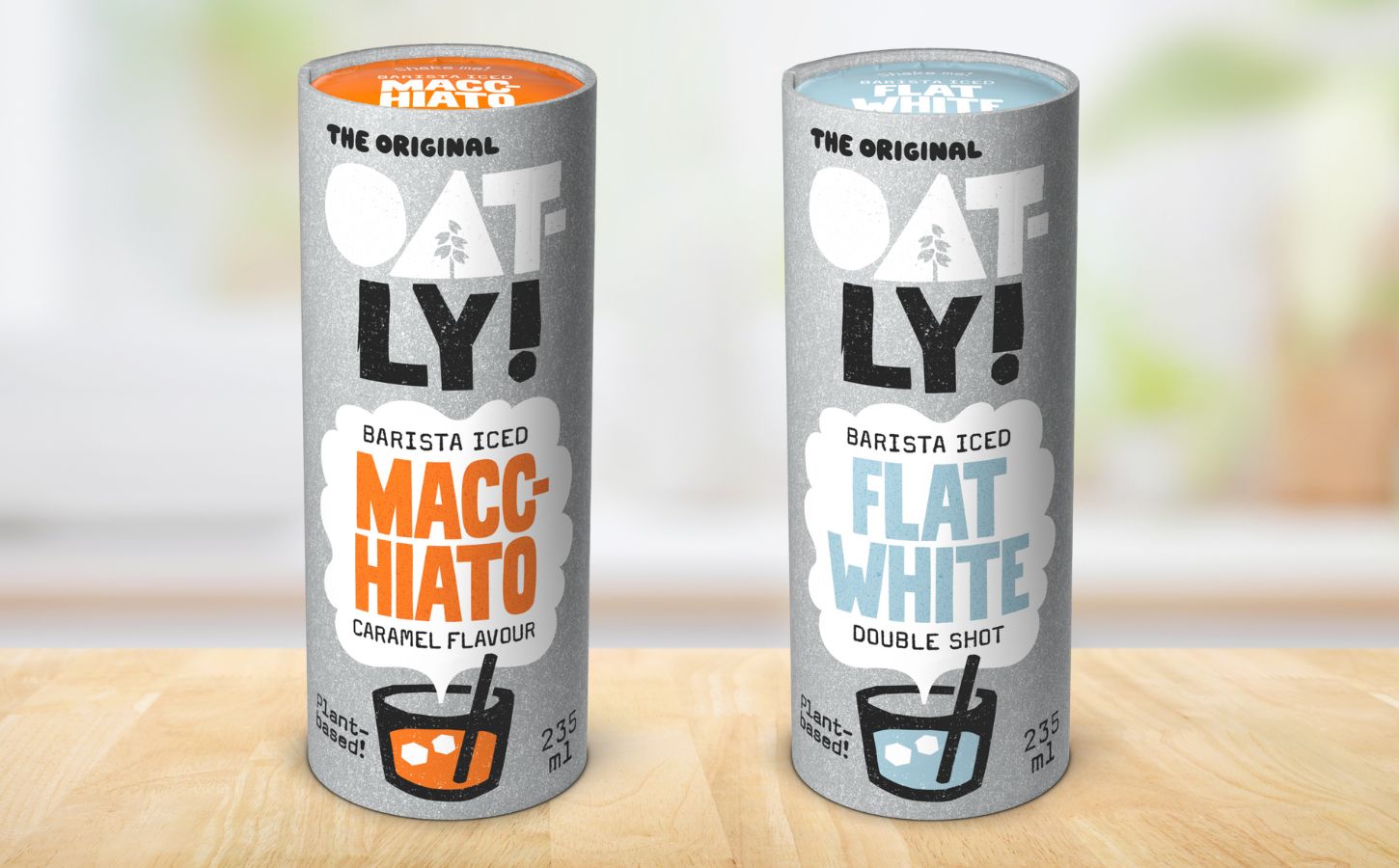 Photo shows the two new Oatly iced coffee drinks, the caramel-flavored Barista Iced Macchiato (left) and Barista Iced Flat White (right)