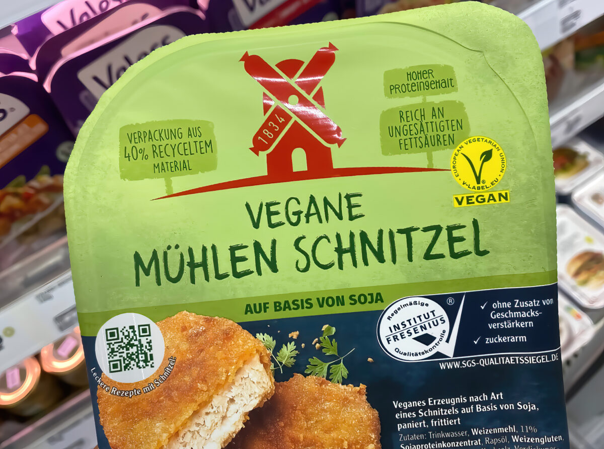 Photo shows a packet of vegan schnitzel in a German supermarket
