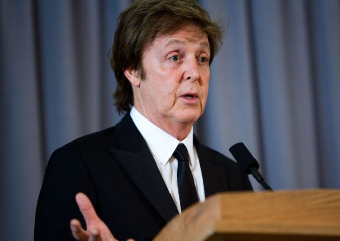 Photo shows Paul McCartney speaking at a podium. Paul McCartney and his family have called for the EU to reconsider its proposed ban on the use of ‘meaty’ words on plant-based food labels