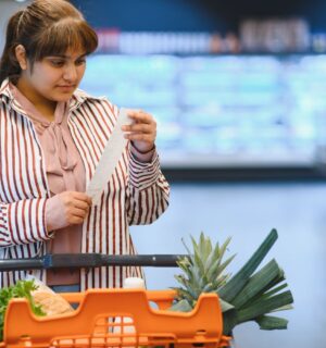 Photo shows a women reading a shopping list while pushing a trolley full of fruit and vegetables around a supermarket. A PCRM dietician says he can cut the cost of people's main holiday meal by half, provided they try a plant-based Christmas dinner