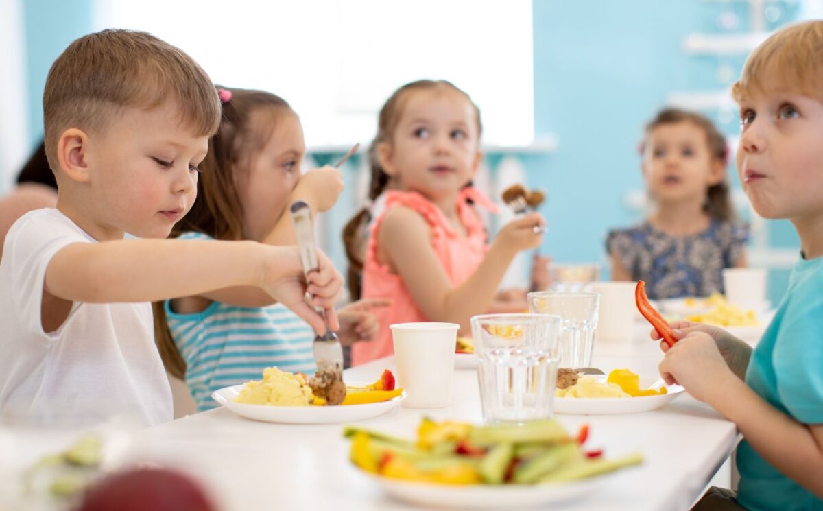 Photo shows a group of school children gathered around a healthy lunch that includes fruit and vegetables. Poland is expected to make the provision of plant-based options mandatory for all schools and nurseries