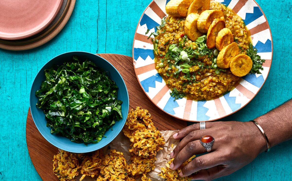 red lentil dhal with parsnip fritters and green vegetables for Jamaican and Caribbean-inspired recipes