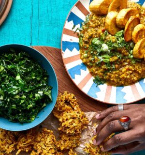 red lentil dhal with parsnip fritters and green vegetables for Jamaican and Caribbean-inspired recipes