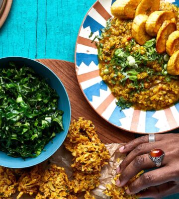 red lentil dhal with parsnip fritters and green vegetables for Jamaican and Caribbean-inspired recipes