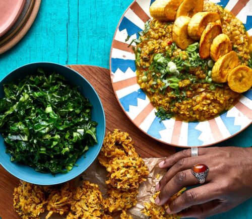 red lentil dhal with parsnip fritters and green vegetables for Jamaican and Caribbean-inspired recipes