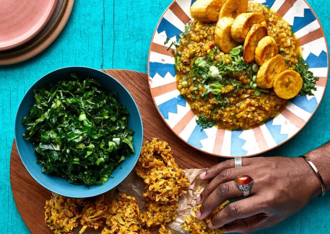 red lentil dhal with parsnip fritters and green vegetables for Jamaican and Caribbean-inspired recipes