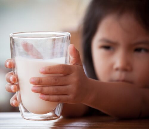 Photo shows a little girl reaching for a large glass of milk with both hands. The UK's sugar tax will now apply to sweetened plant-based milks, effectively giving traditional dairy an advantage