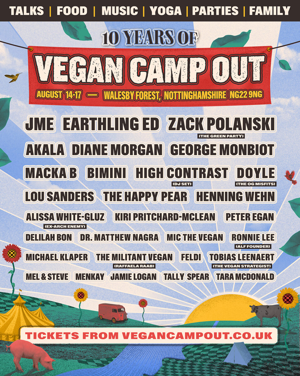 Photo shows the official performer and artist lineup for Vegan Camp Out 2026