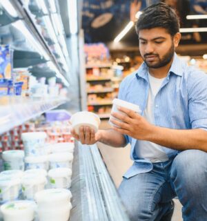Photo shows a young man reading different yoghurt containers in the supermarket. Different diets have different impacts on the planet, and generally, the more animal products you eat, the bigger your impact on the planet