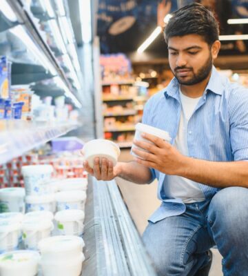 Photo shows a young man reading different yoghurt containers in the supermarket. Different diets have different impacts on the planet, and generally, the more animal products you eat, the bigger your impact on the planet