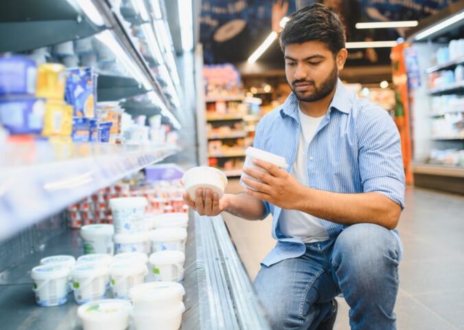 Photo shows a young man reading different yoghurt containers in the supermarket. Different diets have different impacts on the planet, and generally, the more animal products you eat, the bigger your impact on the planet