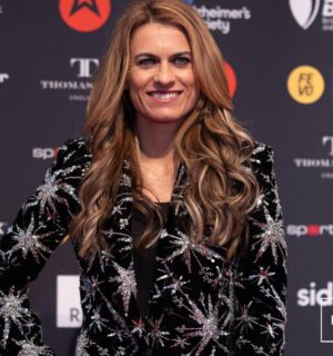 Photo shows Karen Carney, a vegan journalist, former footballer, and current celebrity guest on 'Strictly Come Dancing,' posing on the red carpet at the FEVO Sport Industry Awards in London, UK, earlier this year